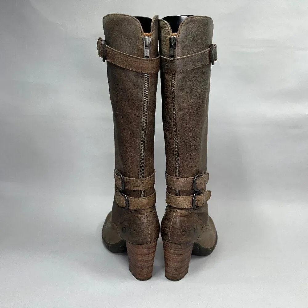 Born Women's Size 6 Tall Brown Leather‎ Buckle Strap Heeled Riding Boots